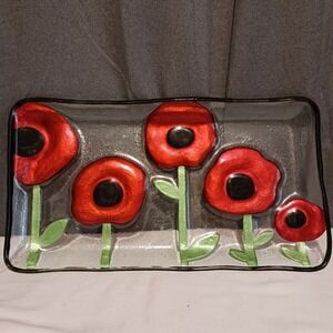 Decorative‎ Glass Fusion Tray Red Poppies Floral Black Border WC Rectangle